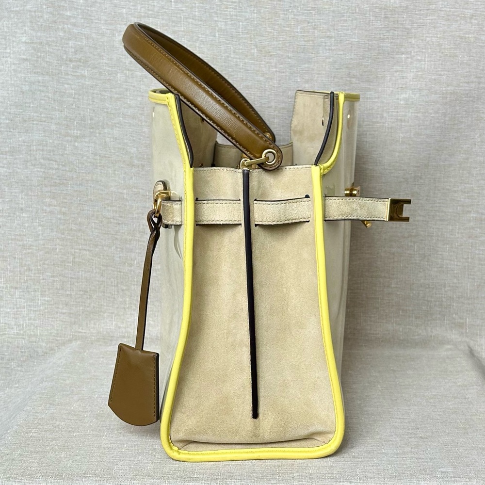 Tory Burch Large Lee Radziwill Beige and Yellow Patent Raincoat Satchel - Picture 3 of 16